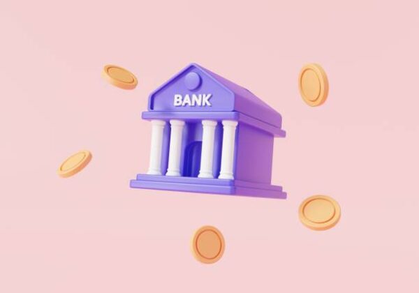 Bank building with coins on pink background. Online banking, bank transactions service, money-saving, bank finance, financial business. Money transaction or savings concept. 3d render illustration