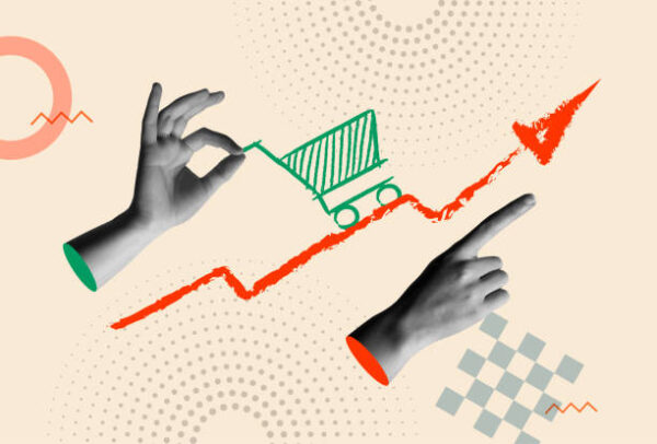 Inflation concept, shopping cart icon and rising price graph with human hands in retro 80s collage mixed media vector illustration. Design for economic crisis, more expense and cost of living.