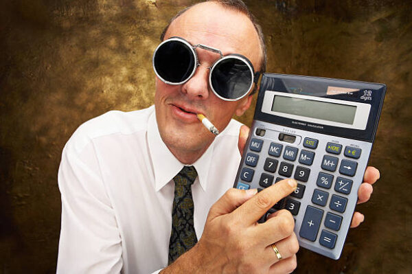 an eccentric salesperson holding up a calculator