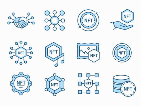 NFT icon set. Collection of token, digital business, currency and more. Vector illustration.