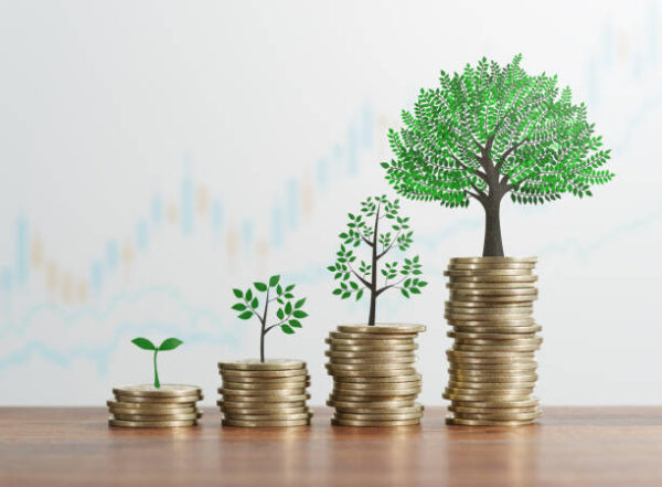 Stacked coin and growing trees illustration.